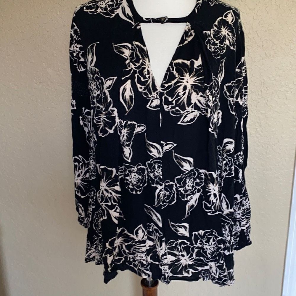 Free People Floral Swing Retro Floral foil print Dress Sz XS Black White
